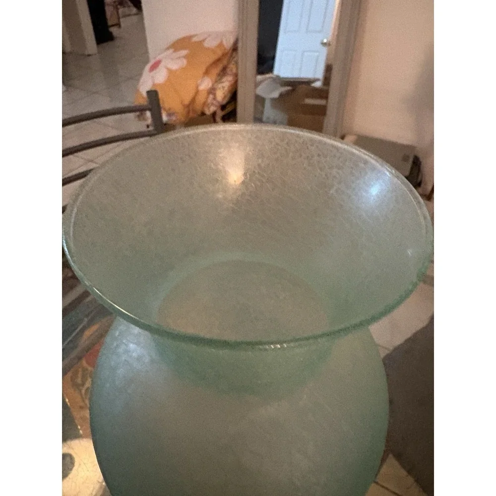 VTG Hand Blown Crackle Glass Vase Light Aqua Teal Flared Rim 11.5